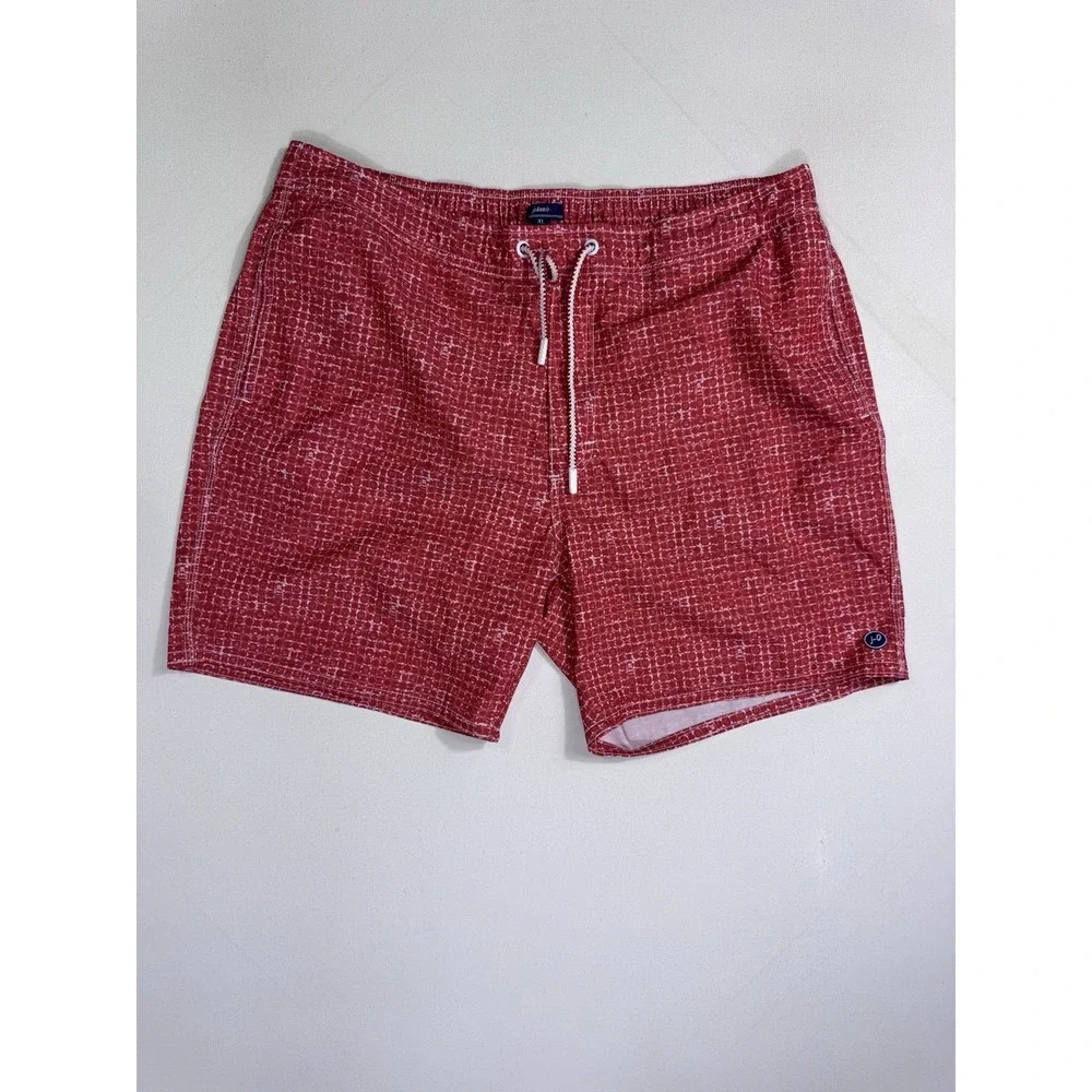 Johnnie-O Red Eden Geometric Swim Shorts Mens XL Mesh Lined Beach Resort Trunks